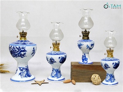 Đèn dầu cổ Việt Nam xưa gốm họa tiết Long Phụng xanh